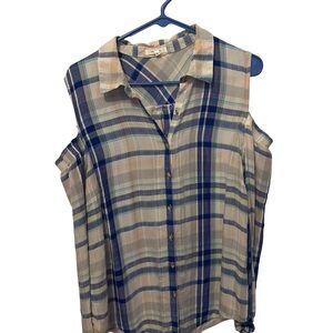 Maurices Plaid Cold Shoulder Top - Blue and Cream